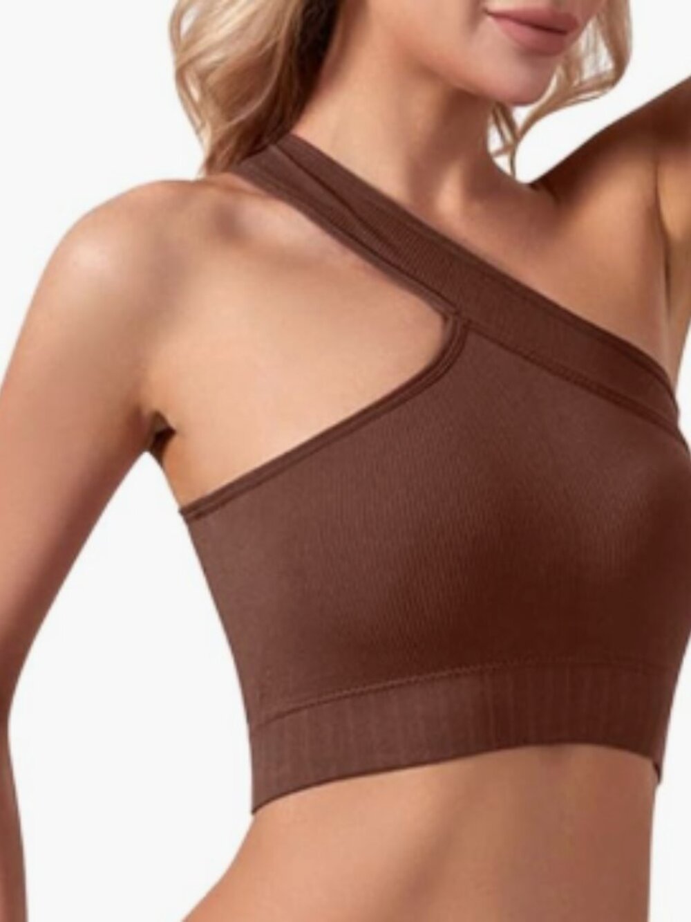OQQ Ribbed Seamless One Shoulder Sports Bra Crop Top — Coffee Brown — Size S